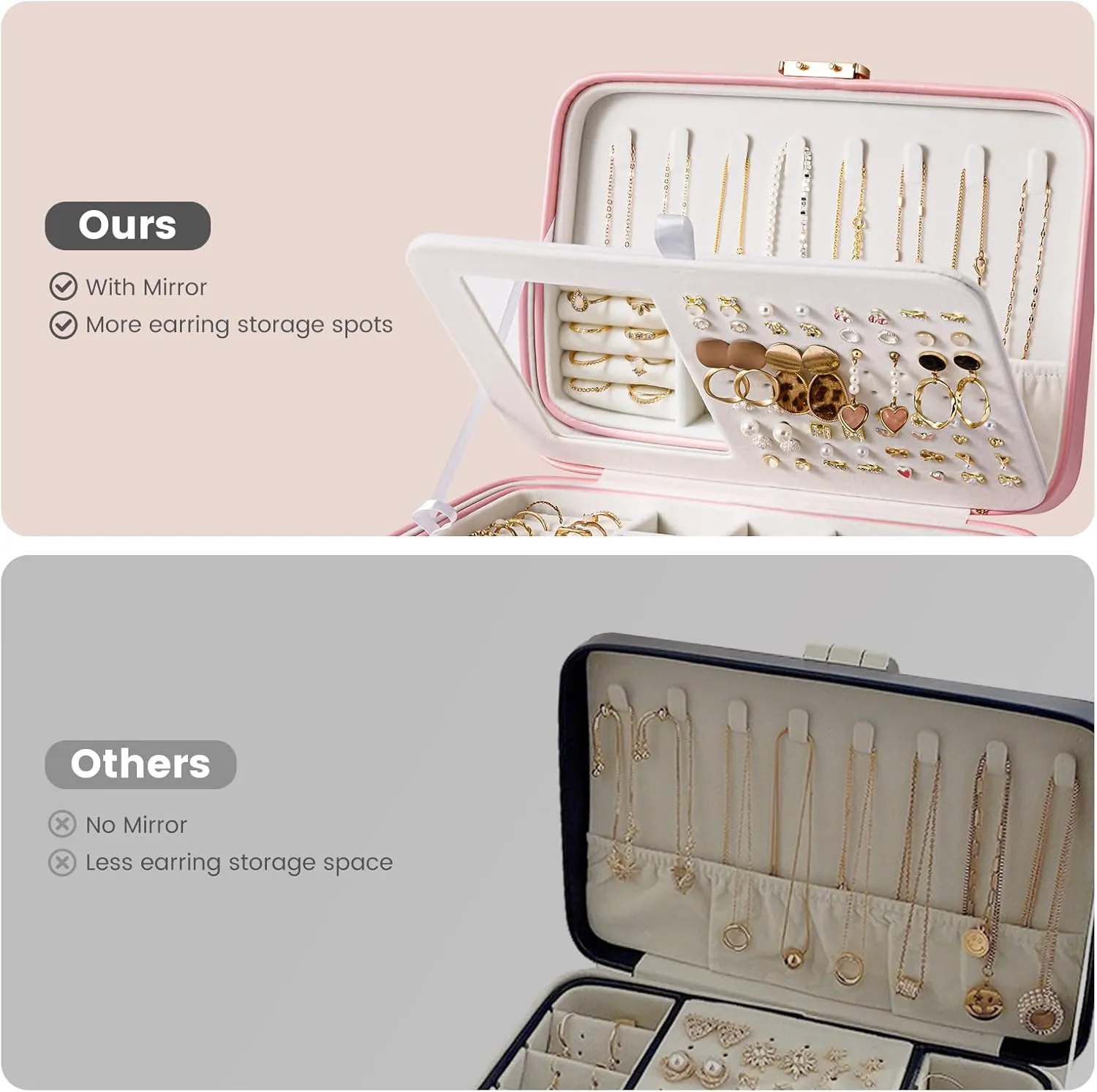 Lolalet 2 Layer Jewelry Box for Teen Girls & Young Women, Jewelry Organizer Case with Round Clasp and Mirror for Earrings Rings Necklaces Storage, Gift Idea -Pink
