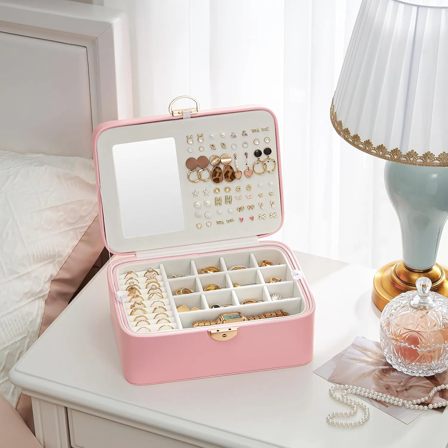 Lolalet 2 Layer Jewelry Box for Teen Girls & Young Women, Jewelry Organizer Case with Round Clasp and Mirror for Earrings Rings Necklaces Storage, Gift Idea -Pink