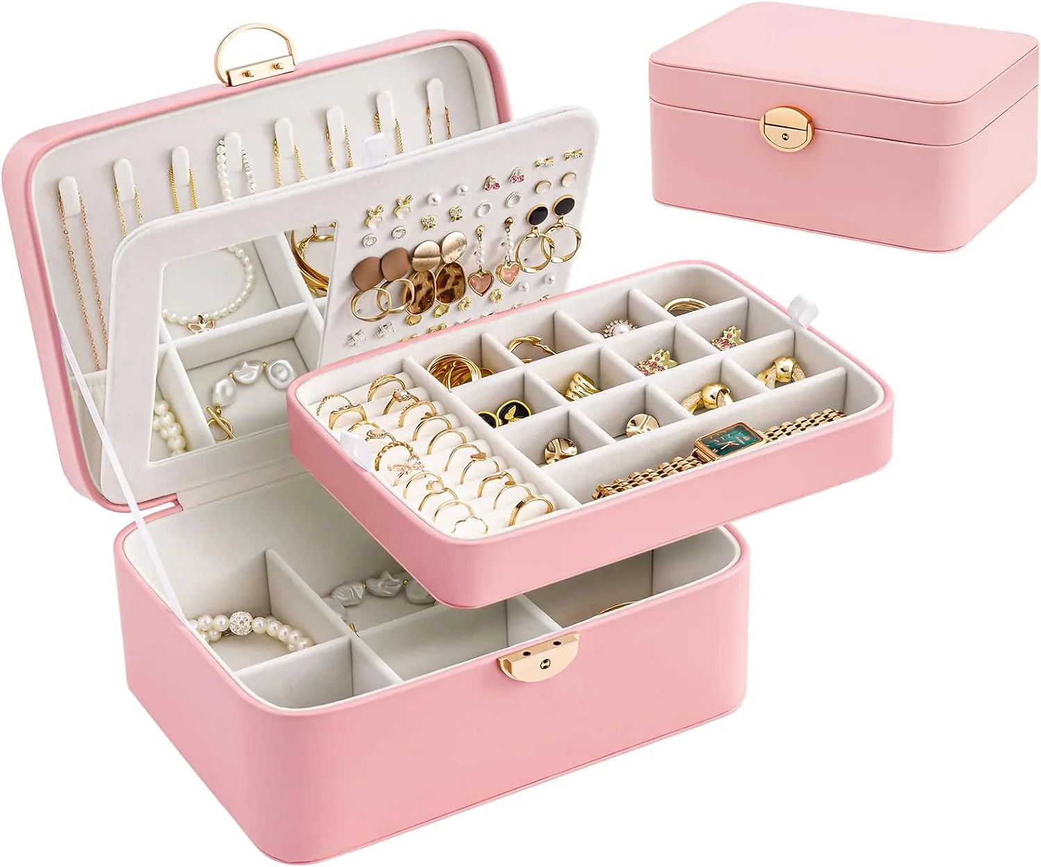 Lolalet 2 Layer Jewelry Box for Teen Girls & Young Women, Jewelry Organizer Case with Round Clasp and Mirror for Earrings Rings Necklaces Storage, Gift Idea -Pink