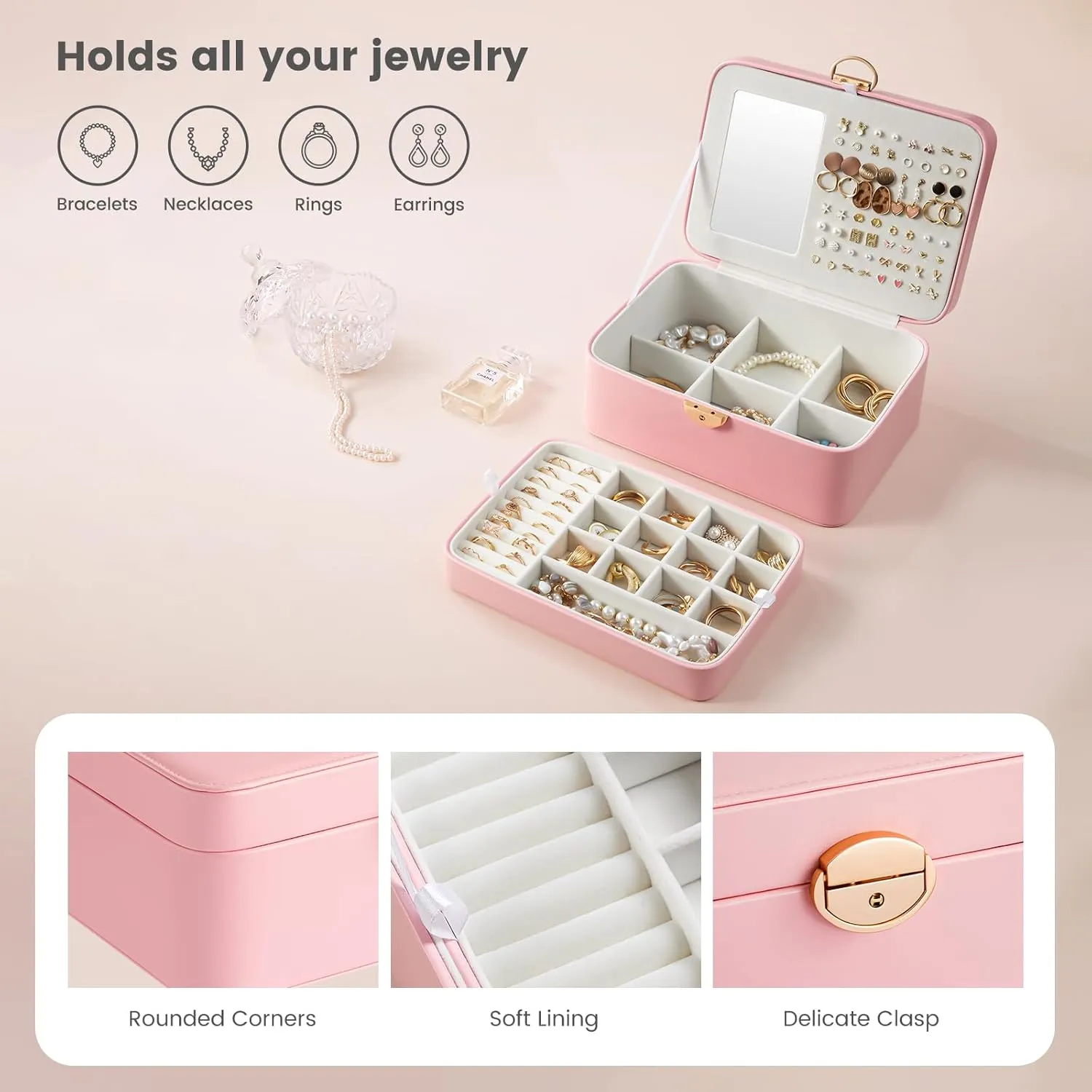 Lolalet 2 Layer Jewelry Box for Teen Girls & Young Women, Jewelry Organizer Case with Round Clasp and Mirror for Earrings Rings Necklaces Storage, Gift Idea -Pink