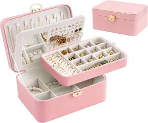 Lolalet 2 Layer Jewelry Box for Teen Girls & Young Women, Jewelry Organizer Case with Round Clasp and Mirror for Earrings Rings Necklaces Storage, Gift Idea -Pink