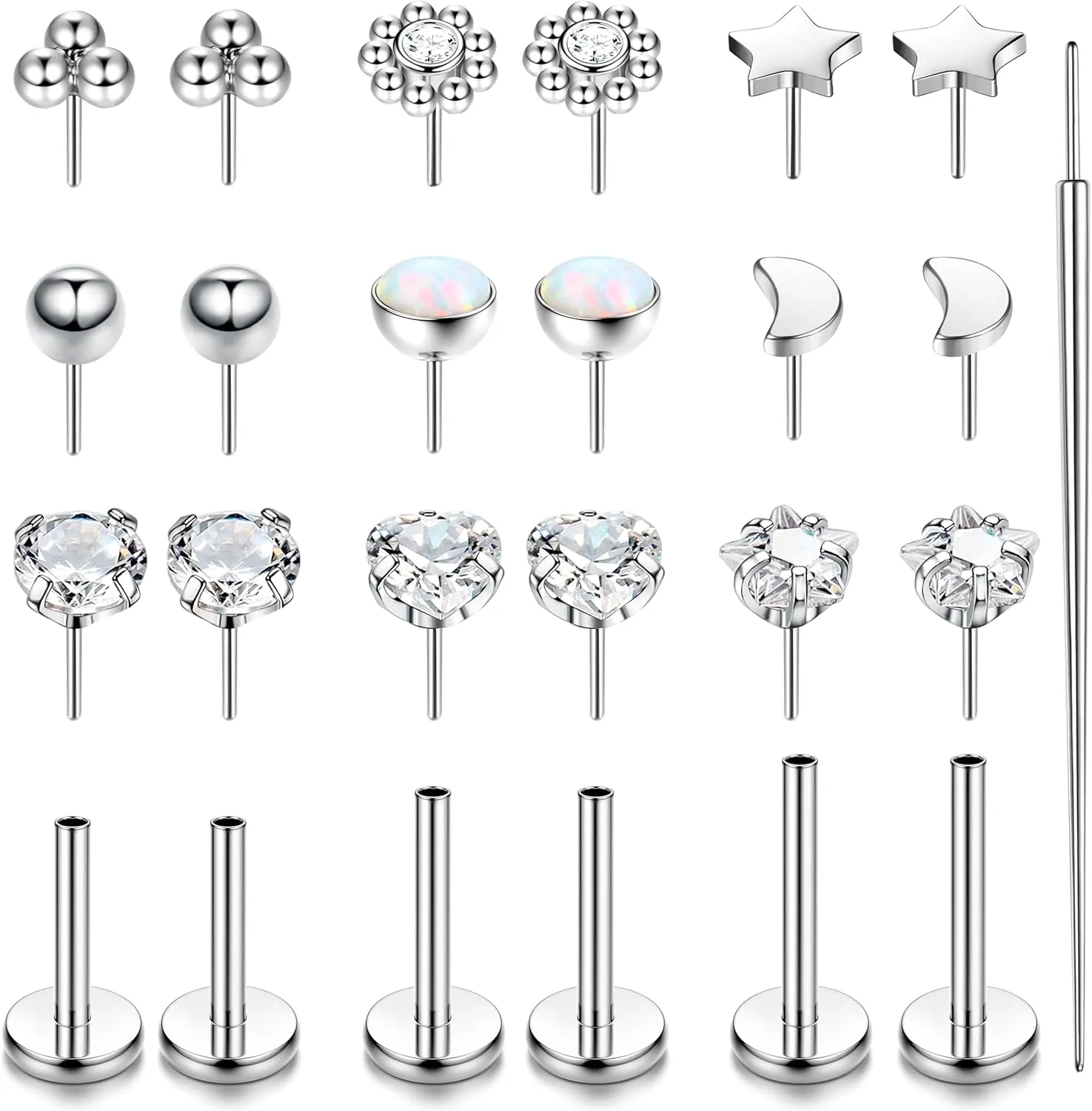 LOLIAS 20G 18G 16G Threadless Nose Studs Rings for Women Men 316L Surgical Steel Push in Flat Back Earrings CZ Lip Labret Nose Rings Studs Cartilage Helix Conch Medusa Nostril Tragus Piercing Jewelry 6mm 8mm 10mm Length