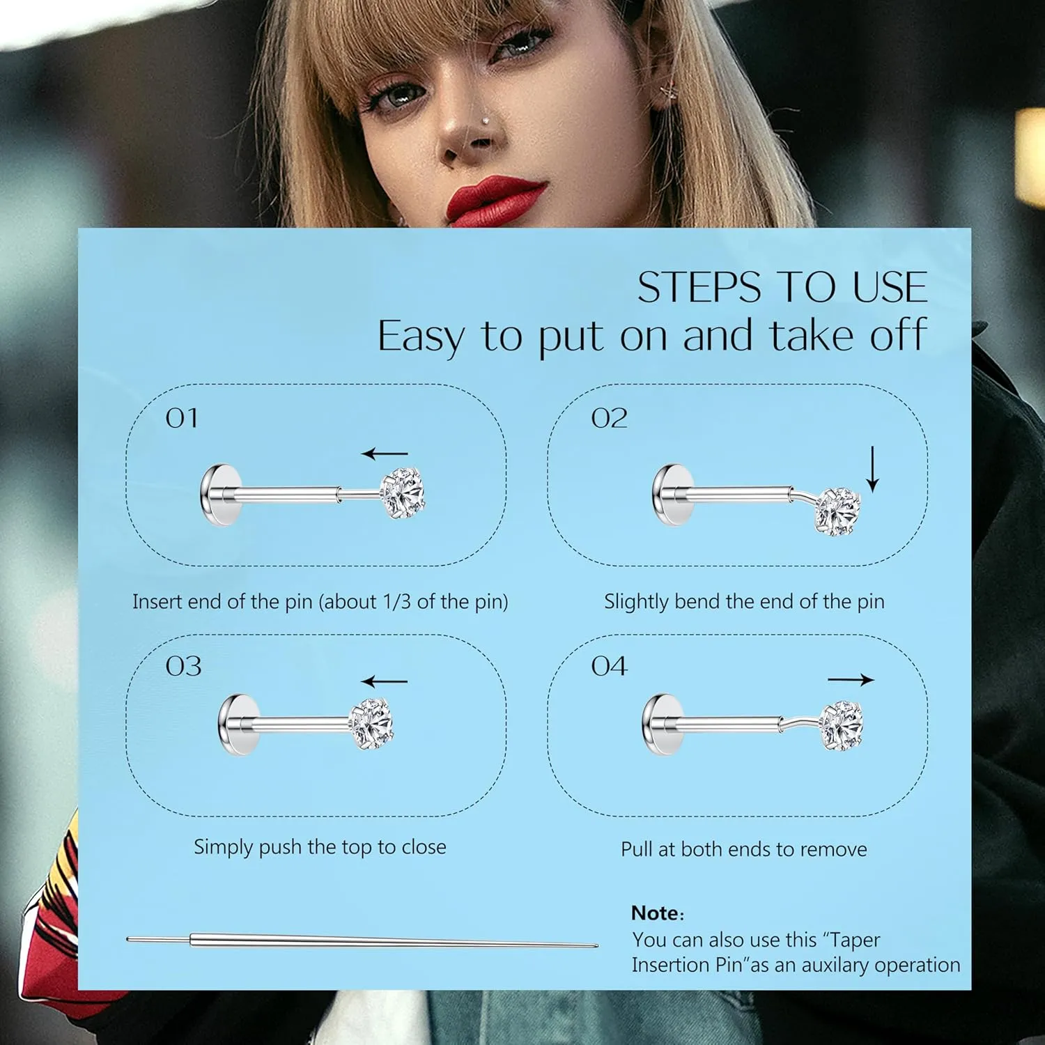 LOLIAS 20G 18G 16G Threadless Nose Studs Rings for Women Men 316L Surgical Steel Push in Flat Back Earrings CZ Lip Labret Nose Rings Studs Cartilage Helix Conch Medusa Nostril Tragus Piercing Jewelry 6mm 8mm 10mm Length