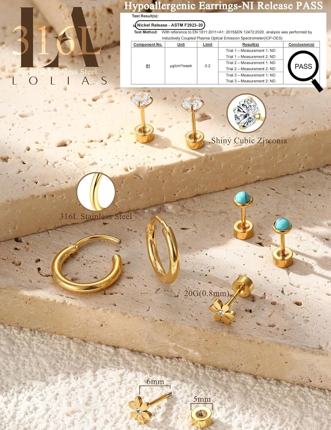 LOLIAS 21Pairs Surgical Steel Flat Back Earrings Hypoallergenic 20G Screw Back Nap Stack Cartilage Earring Stacks