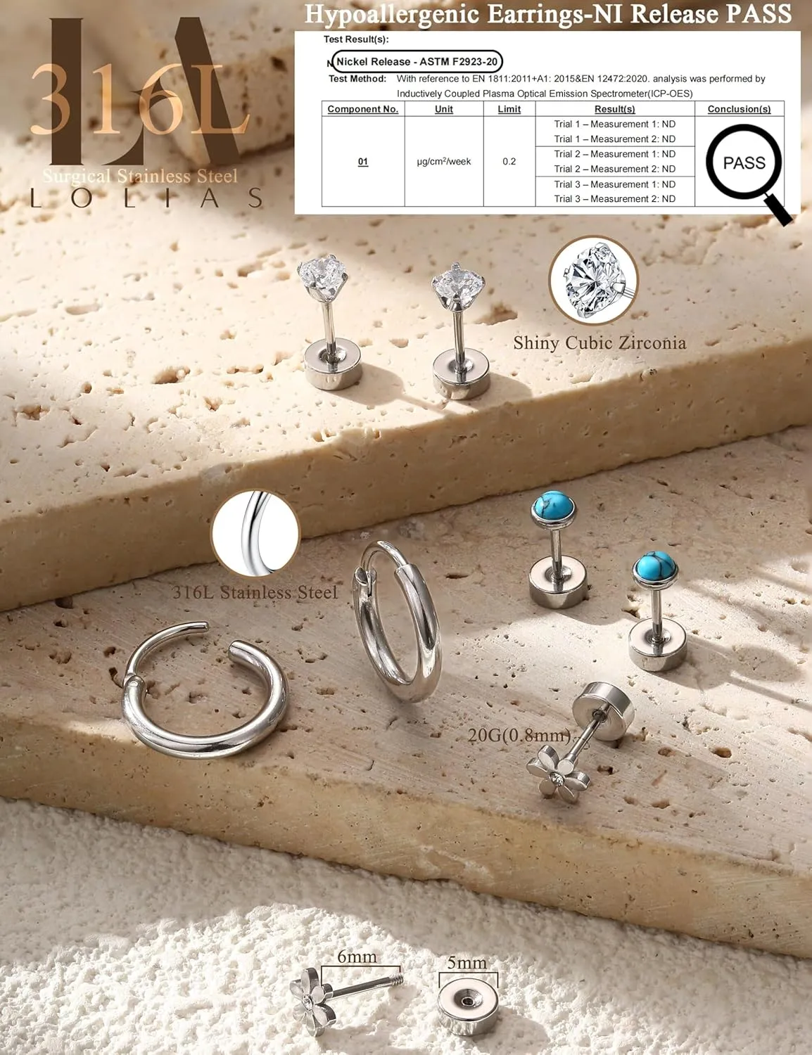 LOLIAS 21Pairs Surgical Steel Flat Back Earrings Hypoallergenic 20G Screw Back Nap Stack Cartilage Earring Stacks