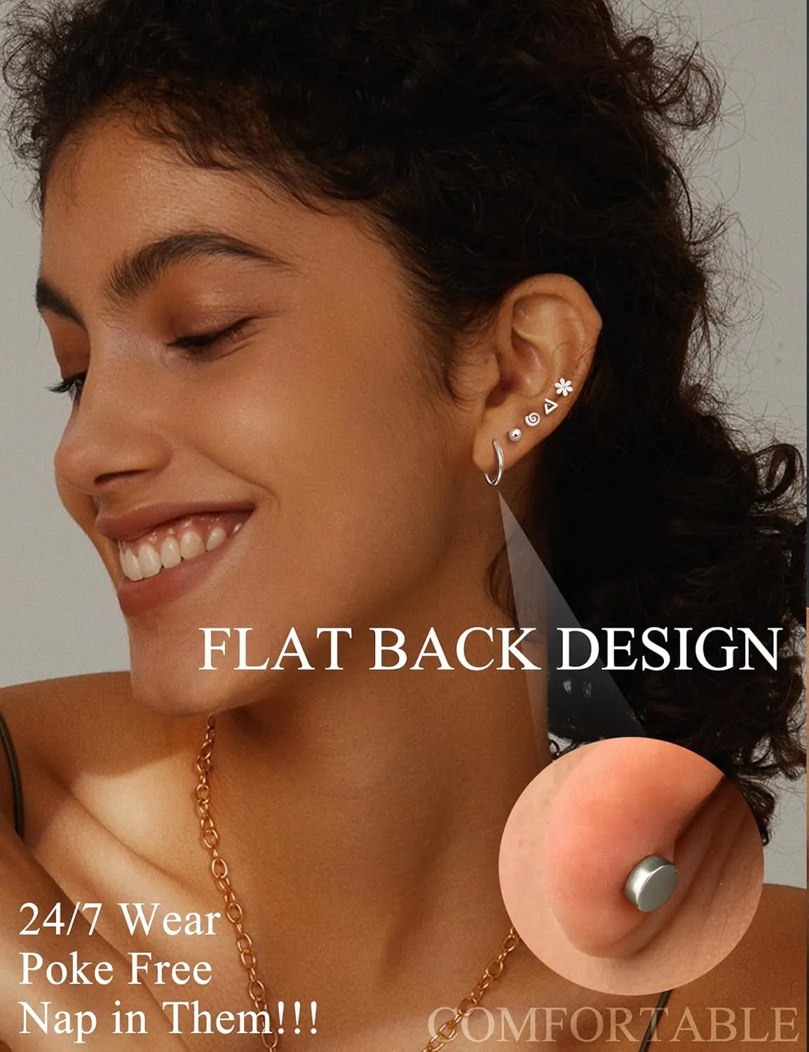 LOLIAS 21Pairs Surgical Steel Flat Back Earrings Hypoallergenic 20G Screw Back Nap Stack Cartilage Earring Stacks