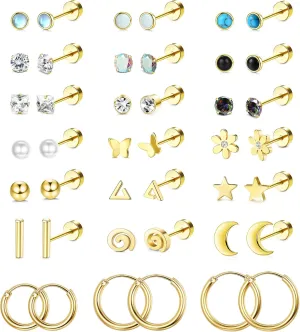 LOLIAS 21Pairs Surgical Steel Flat Back Earrings Hypoallergenic 20G Screw Back Nap Stack Cartilage Earring Stacks