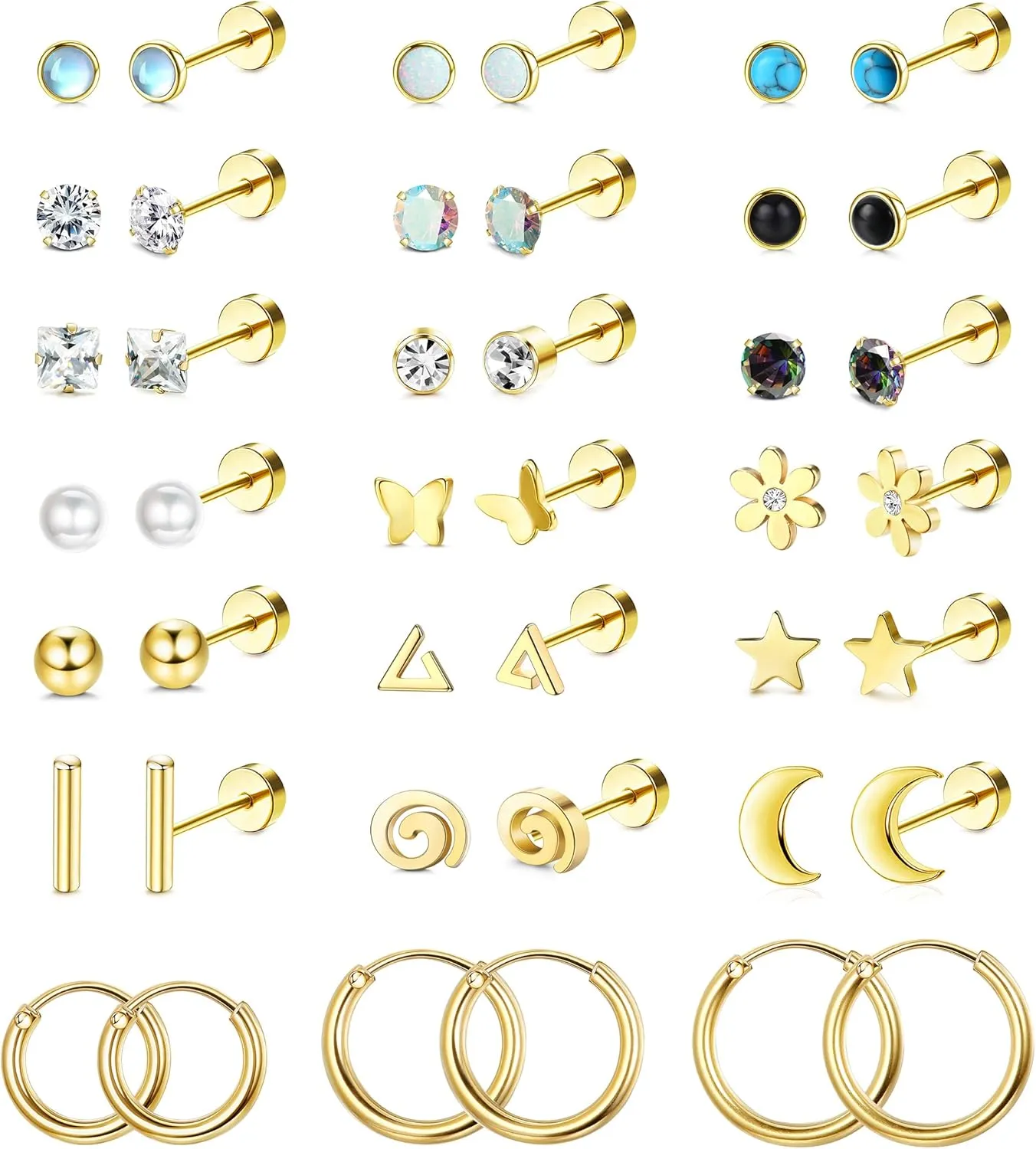 LOLIAS 21Pairs Surgical Steel Flat Back Earrings Hypoallergenic 20G Screw Back Nap Stack Cartilage Earring Stacks