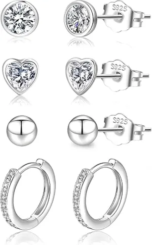 LOUMILEO 4Pairs Sterling Silver Hoop Earrings Hypoallergenic 925 Silver Hoops Earrings for Women Small Sterling Silver Stud Earrings Cartilage Silver Studs Earrings Set for Women Gift