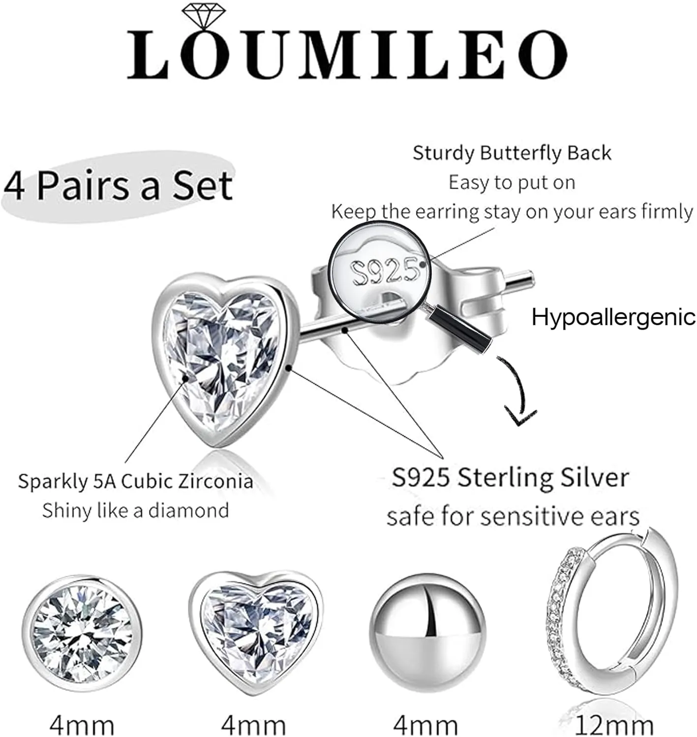 LOUMILEO 4Pairs Sterling Silver Hoop Earrings Hypoallergenic 925 Silver Hoops Earrings for Women Small Sterling Silver Stud Earrings Cartilage Silver Studs Earrings Set for Women Gift