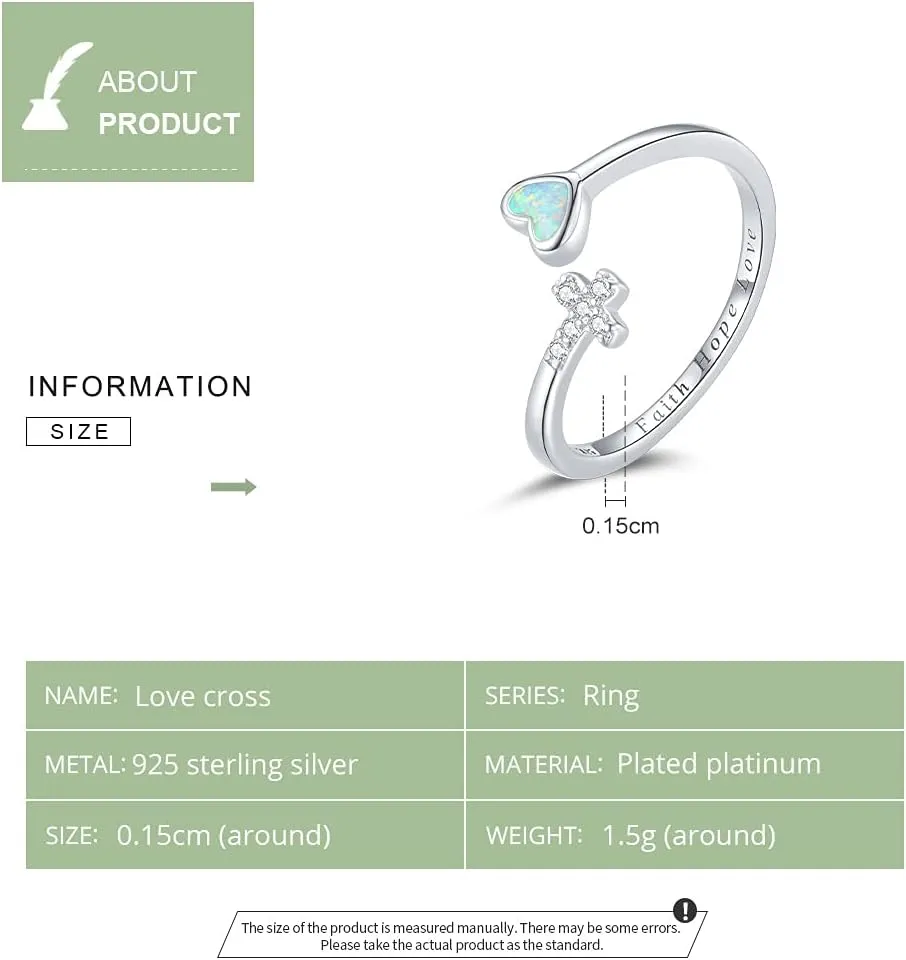 Love Cross Opal Heart Faith Hope Love Open Adjustable Finger Rings For Women 925 Sterling Silver Simple Jewelry SSS-0703-BAM-817