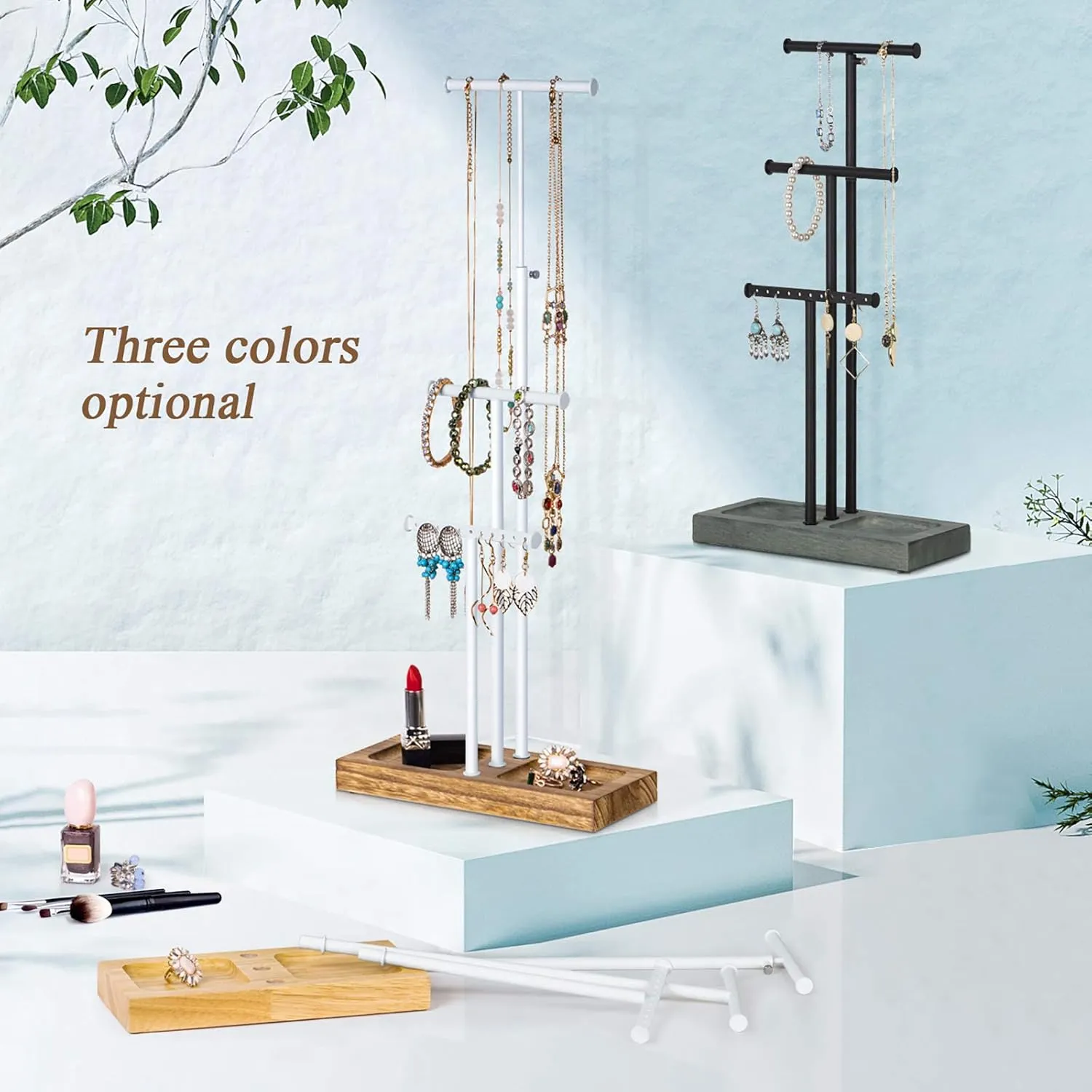 Love-KANKEI Jewelry Tree Stand White Metal and Wood Base Large Storage Jewelry Organizer for Necklaces Bracelets Earrings Holder Jewelry Display Gift White and Carbonized Black
