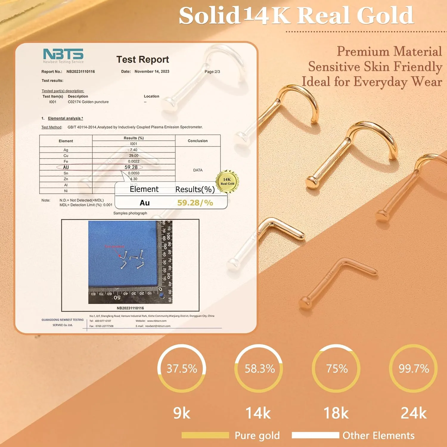 LOYALLOOK 14K Real Gold Nose Rings - Solid Gold Piercing Jewelry in 18G, 20G, L Shape & Corkscrew Styles, Hypoallergenic for Women & Men, 1.5mm, 2mm Flat Top