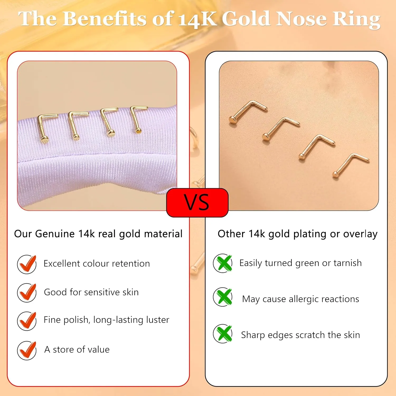 LOYALLOOK 14K Real Gold Nose Rings - Solid Gold Piercing Jewelry in 18G, 20G, L Shape & Corkscrew Styles, Hypoallergenic for Women & Men, 1.5mm, 2mm Flat Top