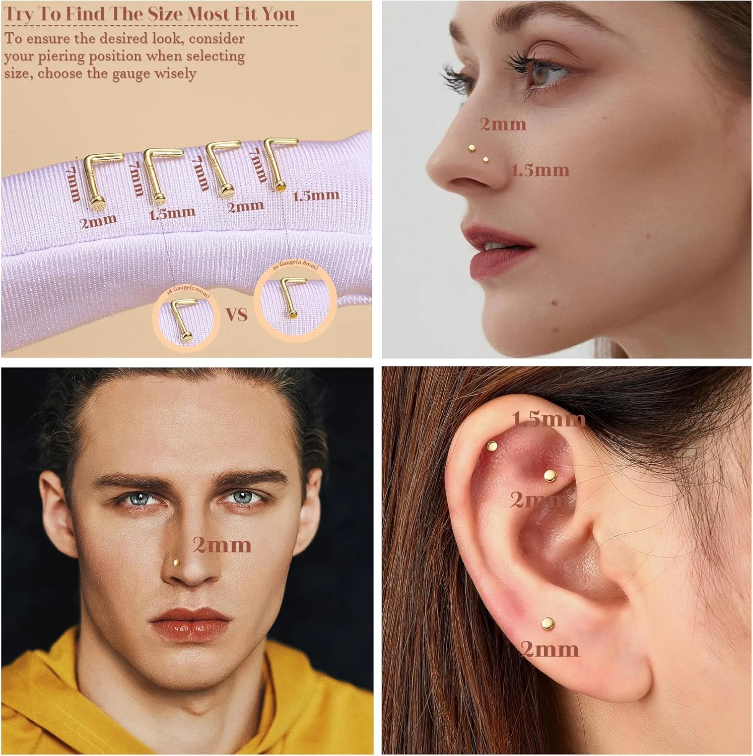 LOYALLOOK 14K Real Gold Nose Rings - Solid Gold Piercing Jewelry in 18G, 20G, L Shape & Corkscrew Styles, Hypoallergenic for Women & Men, 1.5mm, 2mm Flat Top