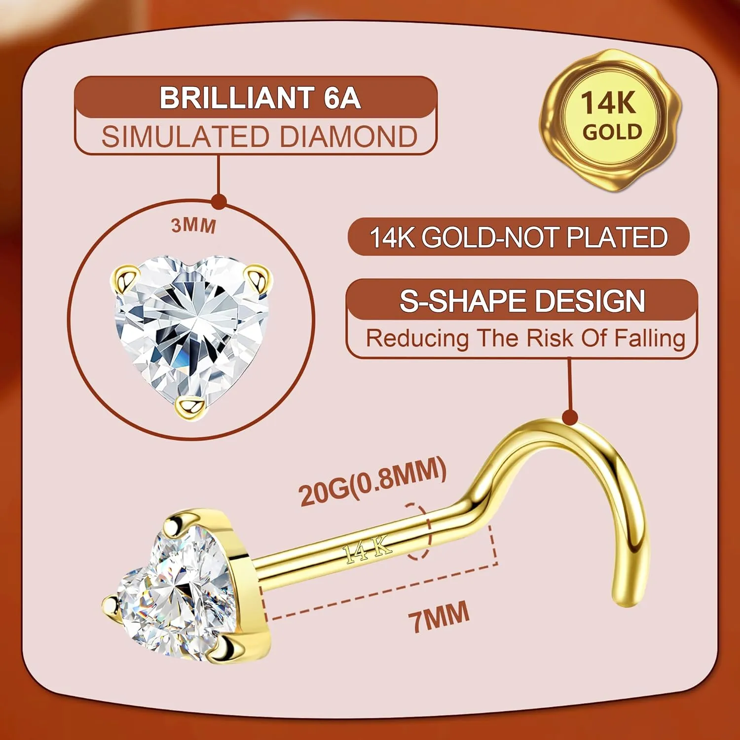 LOYALLOOK 14K Real Gold Nose Studs Heart Simulated Diamond CZ Corkscrew Nose Ring Solid Gold Heart Hypoallergenic Piercings for Women Men 18G 20G