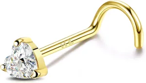 LOYALLOOK 14K Real Gold Nose Studs Heart Simulated Diamond CZ Corkscrew Nose Ring Solid Gold Heart Hypoallergenic Piercings for Women Men 18G 20G