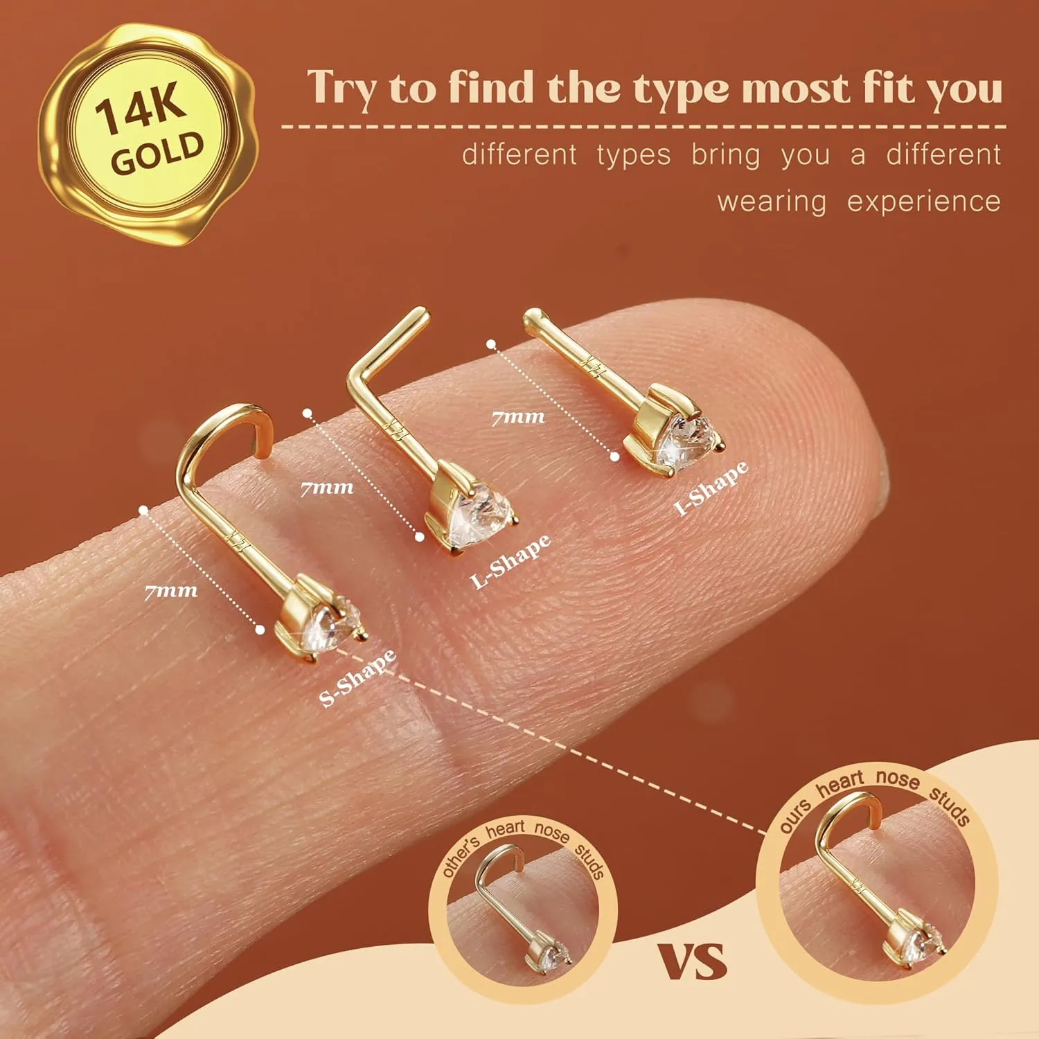 LOYALLOOK 14K Real Gold Nose Studs Heart Simulated Diamond CZ Corkscrew Nose Ring Solid Gold Heart Hypoallergenic Piercings for Women Men 18G 20G