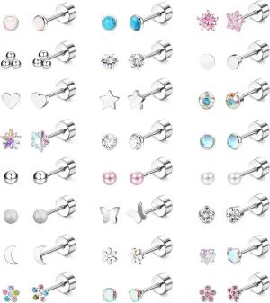 LOYALLOOK 24Pairs Screw Back Earrings Stud for Girls Women Surgical Steel Hypoallergenic Cartilage Stud Earrings Tiny Opal CZ Screwback Flat Back Stud Earrings Set Piercing Jewelry Multicolored 20G