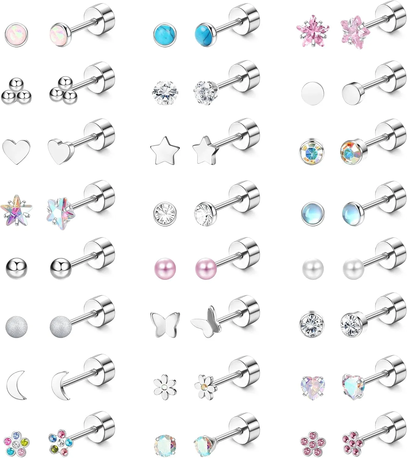LOYALLOOK 24Pairs Screw Back Earrings Stud for Girls Women Surgical Steel Hypoallergenic Cartilage Stud Earrings Tiny Opal CZ Screwback Flat Back Stud Earrings Set Piercing Jewelry Multicolored 20G