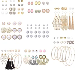 LOYALLOOK 61-63 Pairs Assorted Multiple Stud Earrings for Women Simple Cute Flower Big Hoop Earrings Moon Geometric Leaf Arrow Bow CZ Ball Heart Faux Pearl Earrings Set