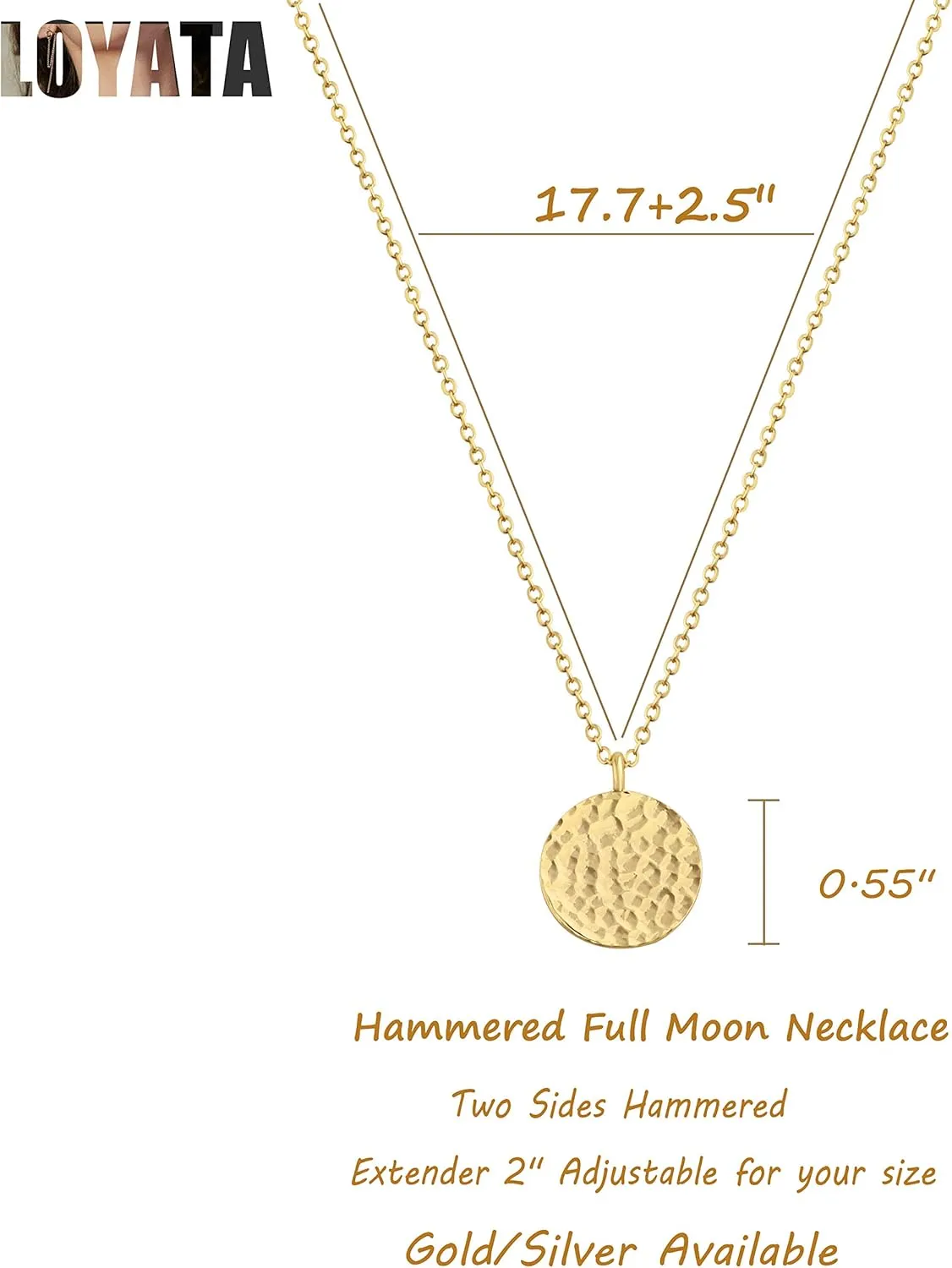 LOYATA Moon Pendant Necklace - 14K Gold Plated Coin Pendant with Crescent, Full Moon and Open Circle Designs for Women