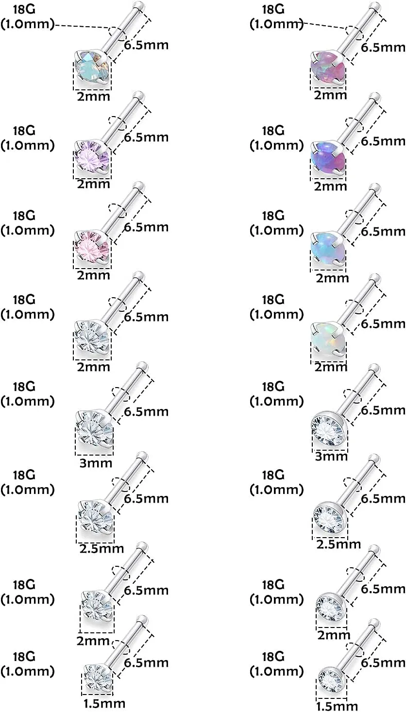 Lsnevsie 18G 20G 22G Stainless Steel Opal Nose Rings Studs for Women Men Nose Piercing Jewelry Top Diamond 1.5mm 2mm 2.5mm 3mm