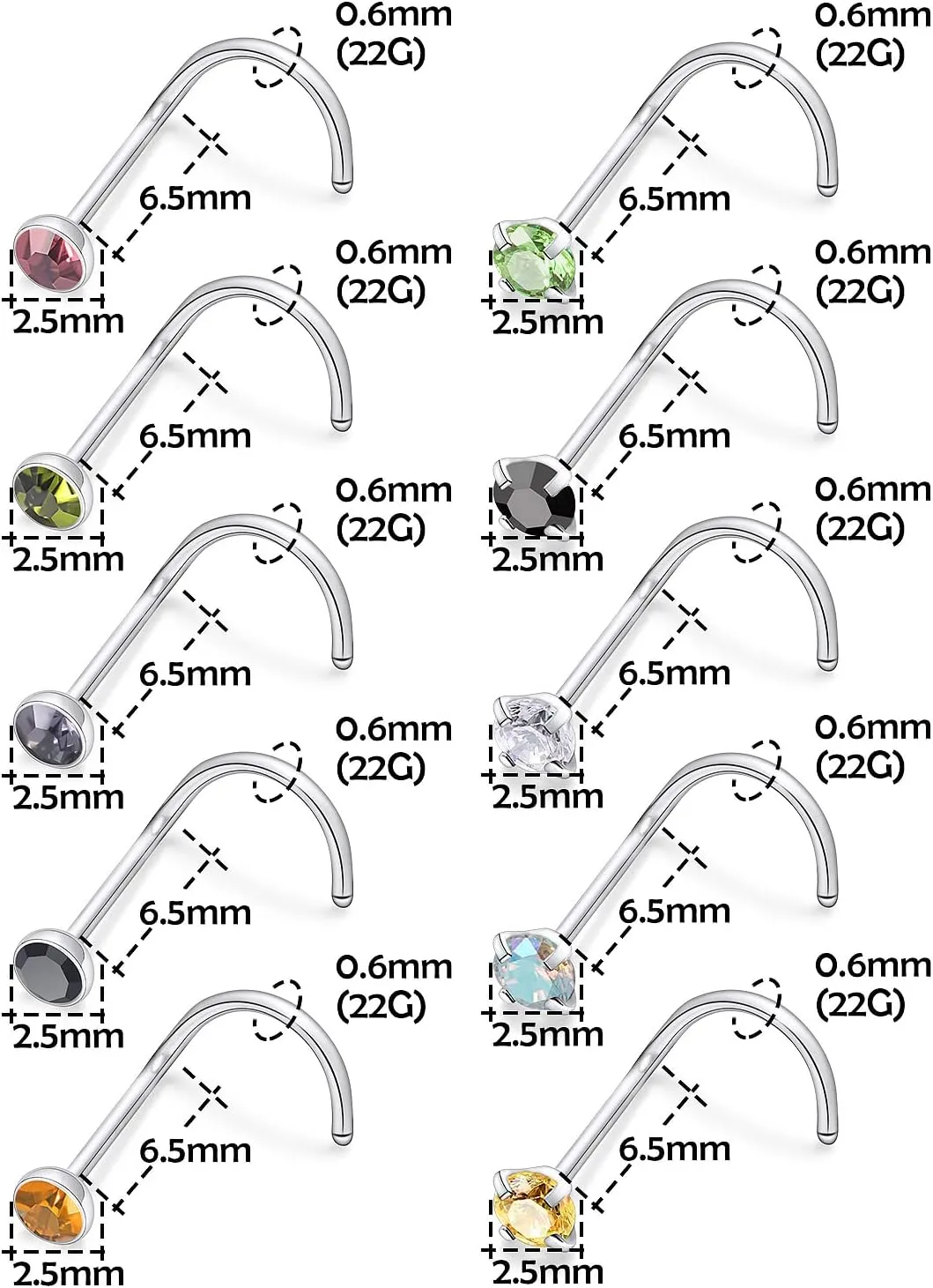 Lsnevsie 18G 20G 22G Surgical Steel Nose Rings Studs for Women Men Nose Piercing Jewelry Top Diamond CZ 1.5mm 2mm 2.5mm 3mm 40PCS