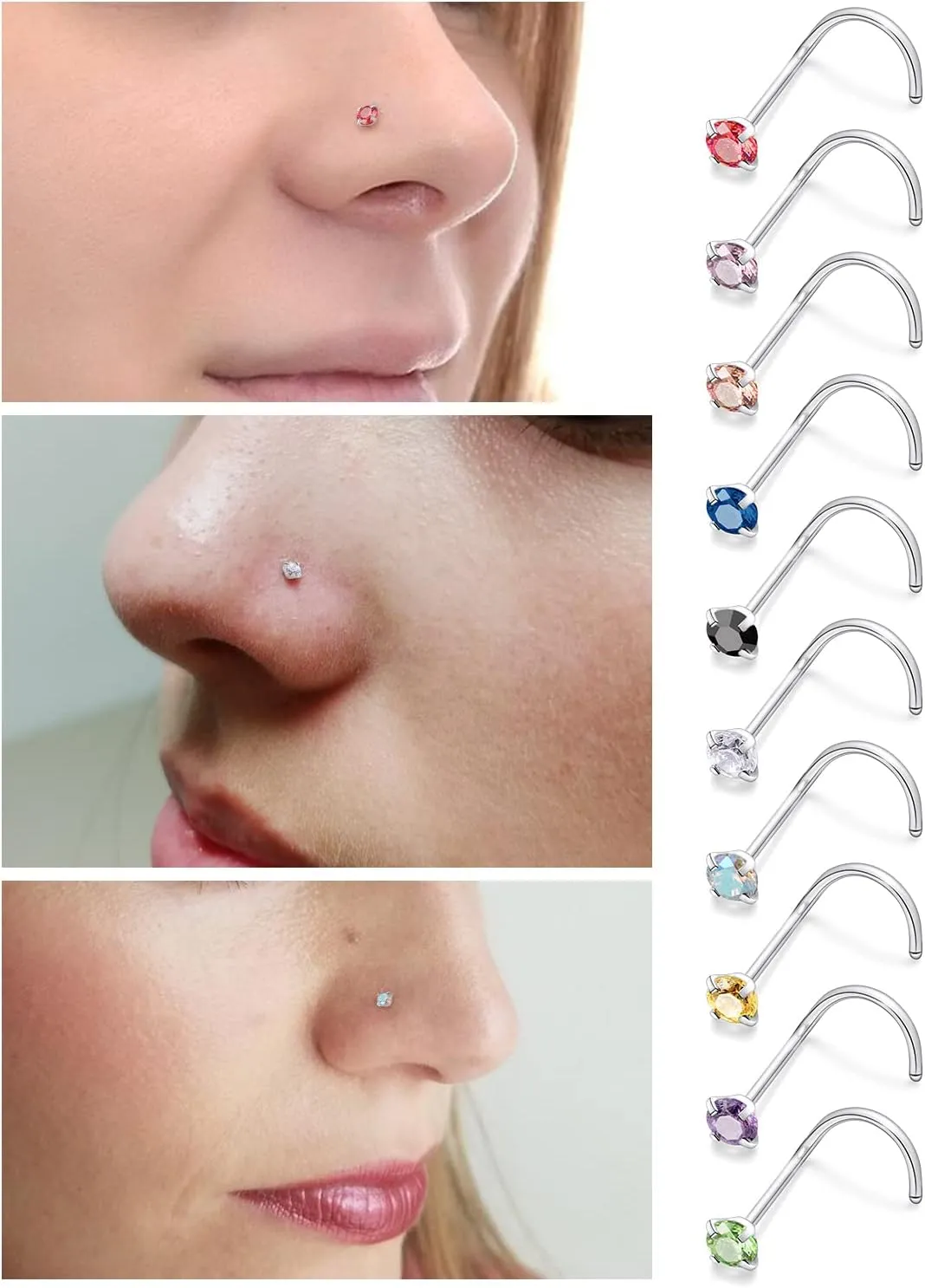 Lsnevsie 18G 20G 22G Surgical Steel Nose Rings Studs for Women Men Nose Piercing Jewelry Top Diamond CZ 1.5mm 2mm 2.5mm 3mm 40PCS