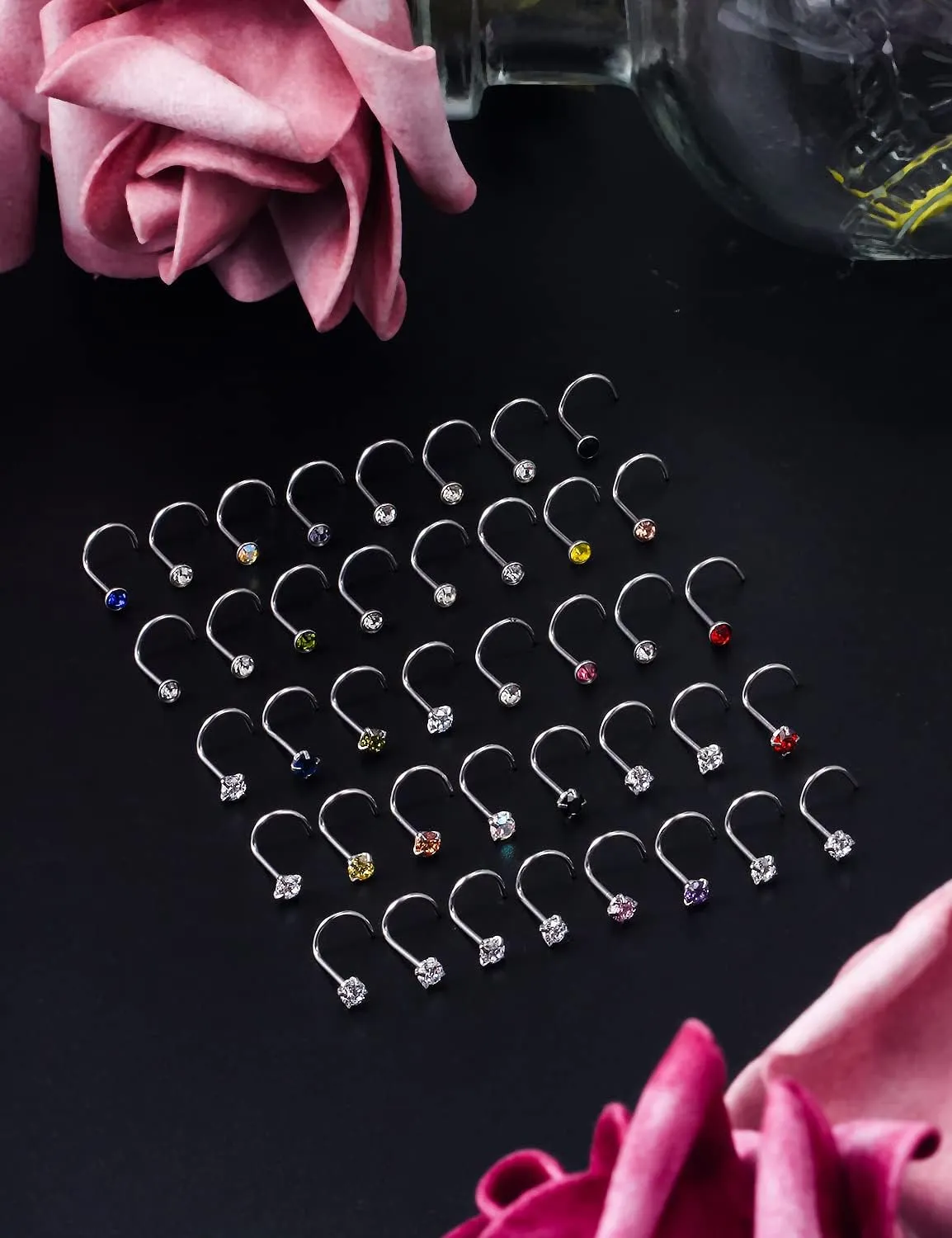 Lsnevsie 18G 20G 22G Surgical Steel Nose Rings Studs for Women Men Nose Piercing Jewelry Top Diamond CZ 1.5mm 2mm 2.5mm 3mm 40PCS