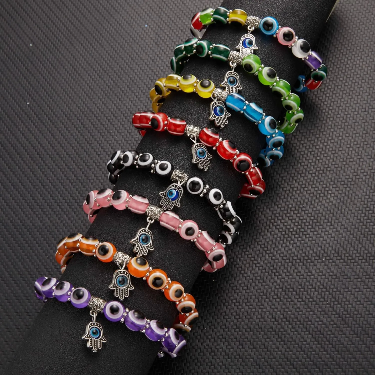 Lucky Evil Eye Bracelets Set Colorful Turkish Amulet Hamsa Evil Eye Beaded Charm Stretch Elastic Bracelet for Women Men