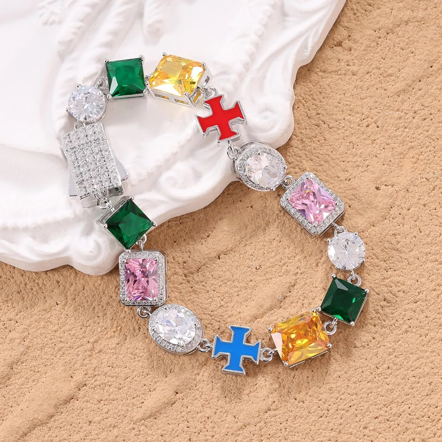 Lulu Mel Colorful Tennis Bracelet Diamond Chain, 10mm Tennis Diamond Colorful Cross CZ Stones Link Chain, Sparkly Rainbow Crystal 7-8 Inches Bracelet Fashion Jewelry Gift