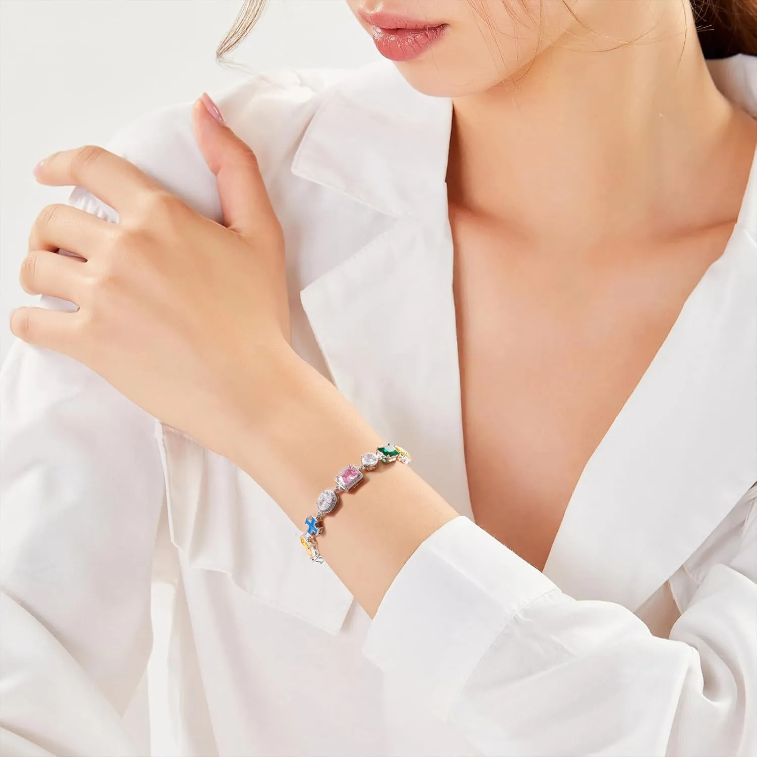 Lulu Mel Colorful Tennis Bracelet Diamond Chain, 10mm Tennis Diamond Colorful Cross CZ Stones Link Chain, Sparkly Rainbow Crystal 7-8 Inches Bracelet Fashion Jewelry Gift