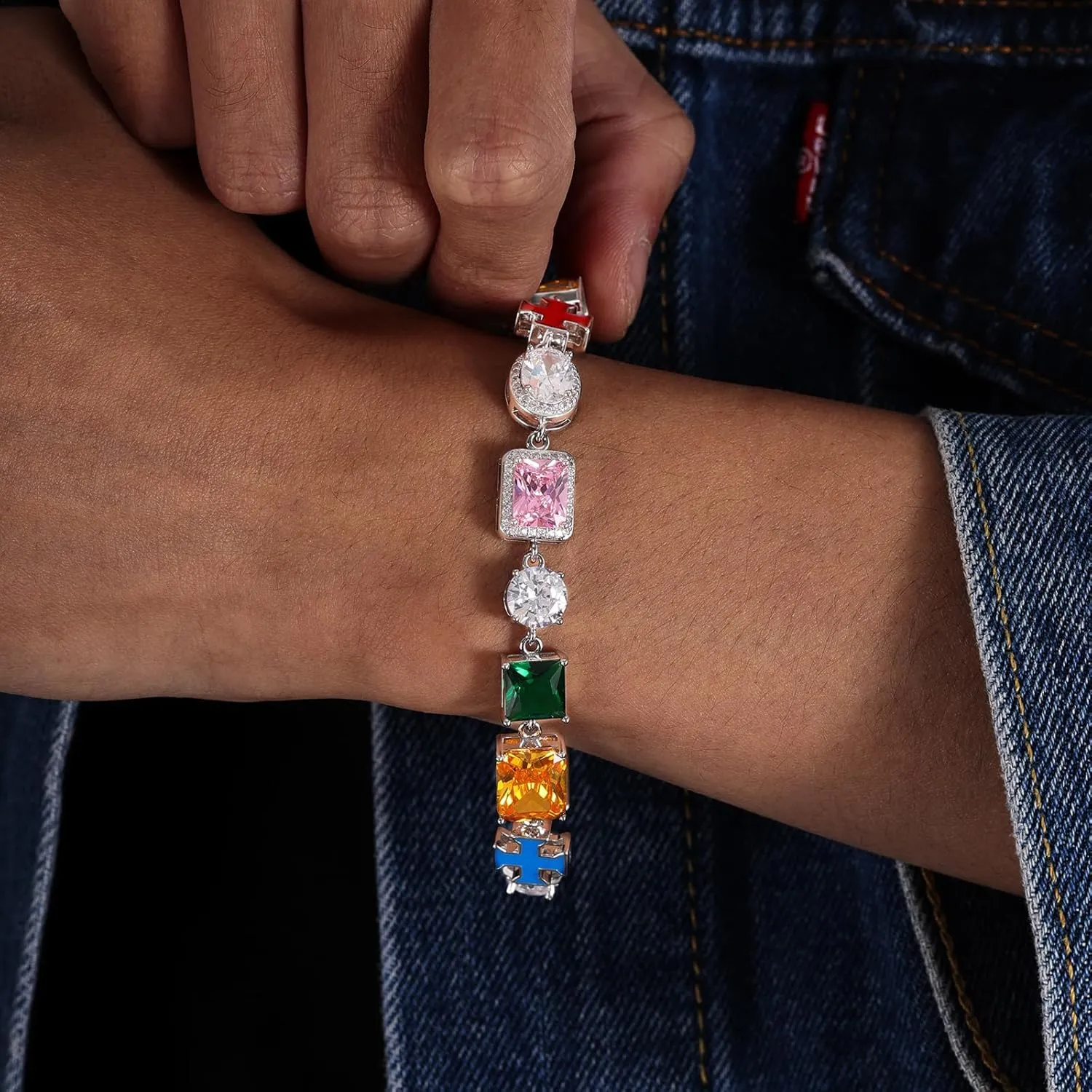 Lulu Mel Colorful Tennis Bracelet Diamond Chain, 10mm Tennis Diamond Colorful Cross CZ Stones Link Chain, Sparkly Rainbow Crystal 7-8 Inches Bracelet Fashion Jewelry Gift