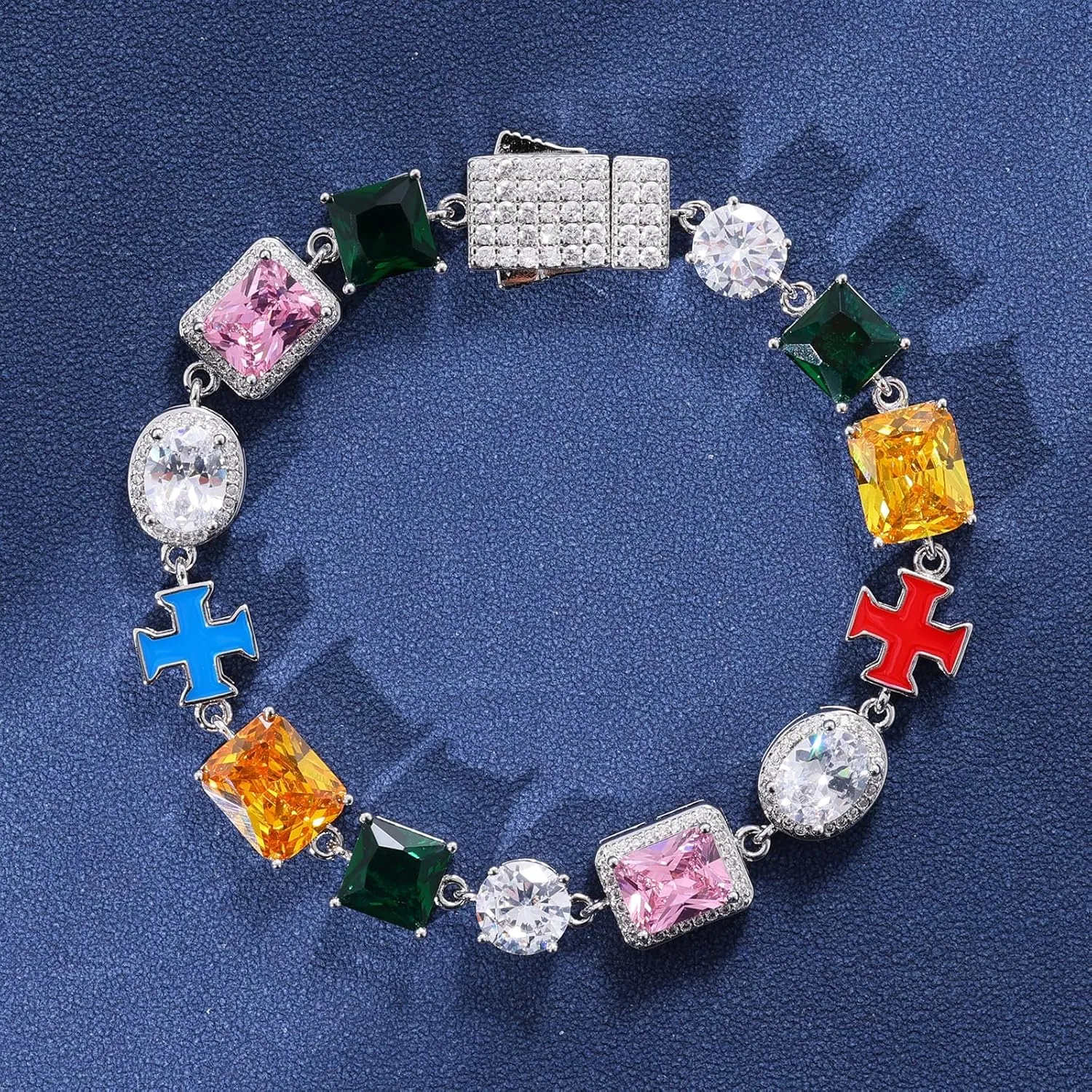 Lulu Mel Colorful Tennis Bracelet Diamond Chain, 10mm Tennis Diamond Colorful Cross CZ Stones Link Chain, Sparkly Rainbow Crystal 7-8 Inches Bracelet Fashion Jewelry Gift