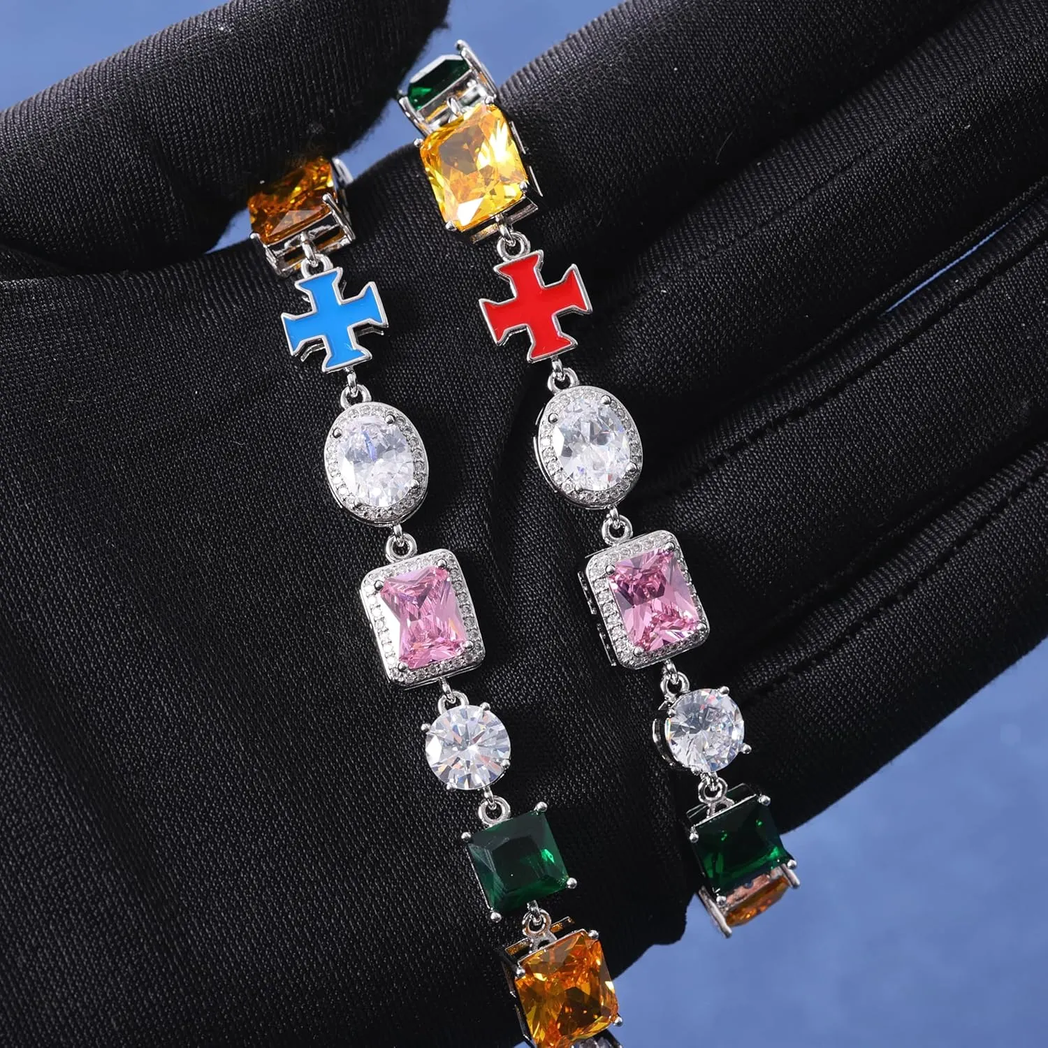 Lulu Mel Colorful Tennis Bracelet Diamond Chain, 10mm Tennis Diamond Colorful Cross CZ Stones Link Chain, Sparkly Rainbow Crystal 7-8 Inches Bracelet Fashion Jewelry Gift