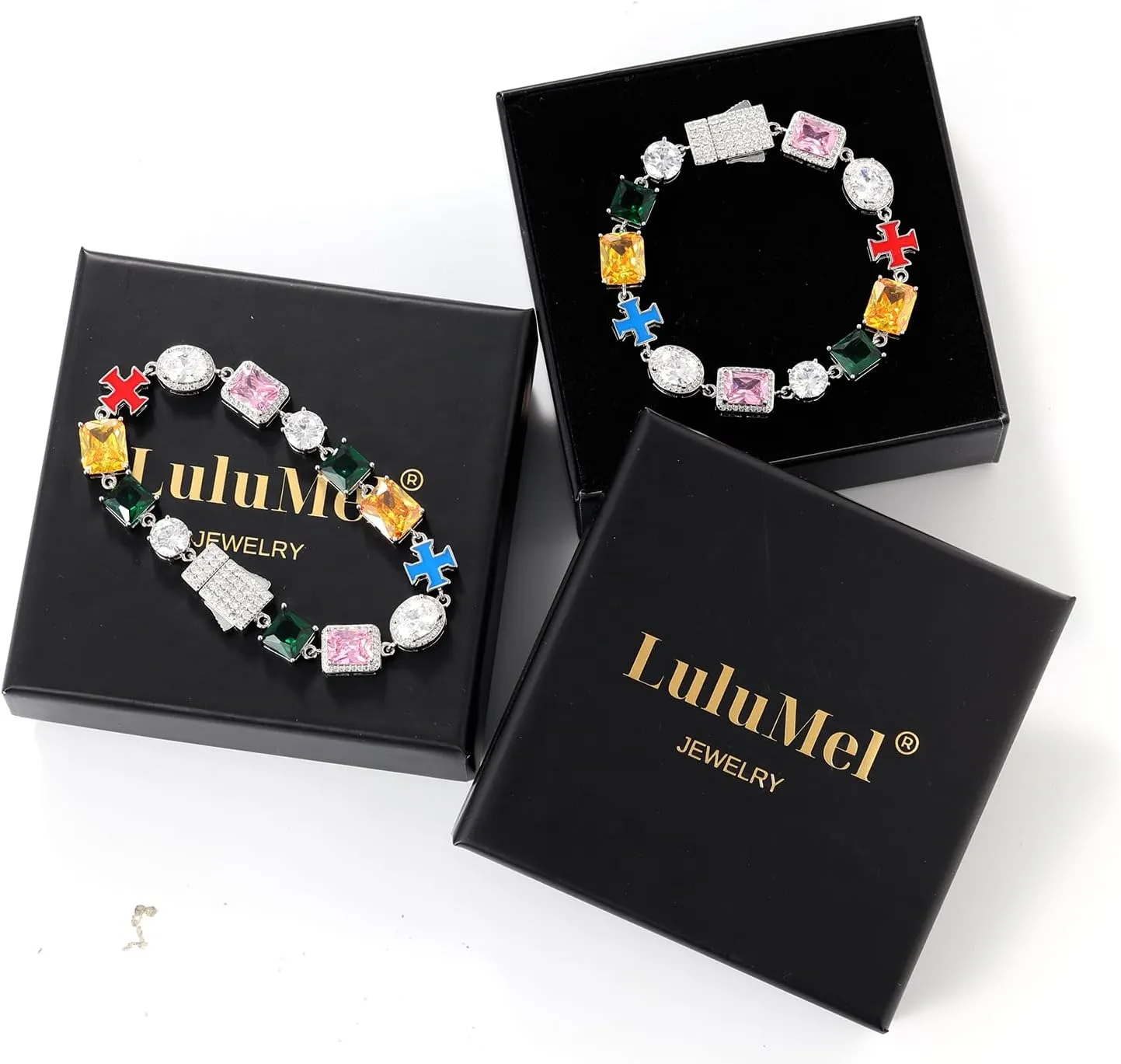 Lulu Mel Colorful Tennis Bracelet Diamond Chain, 10mm Tennis Diamond Colorful Cross CZ Stones Link Chain, Sparkly Rainbow Crystal 7-8 Inches Bracelet Fashion Jewelry Gift