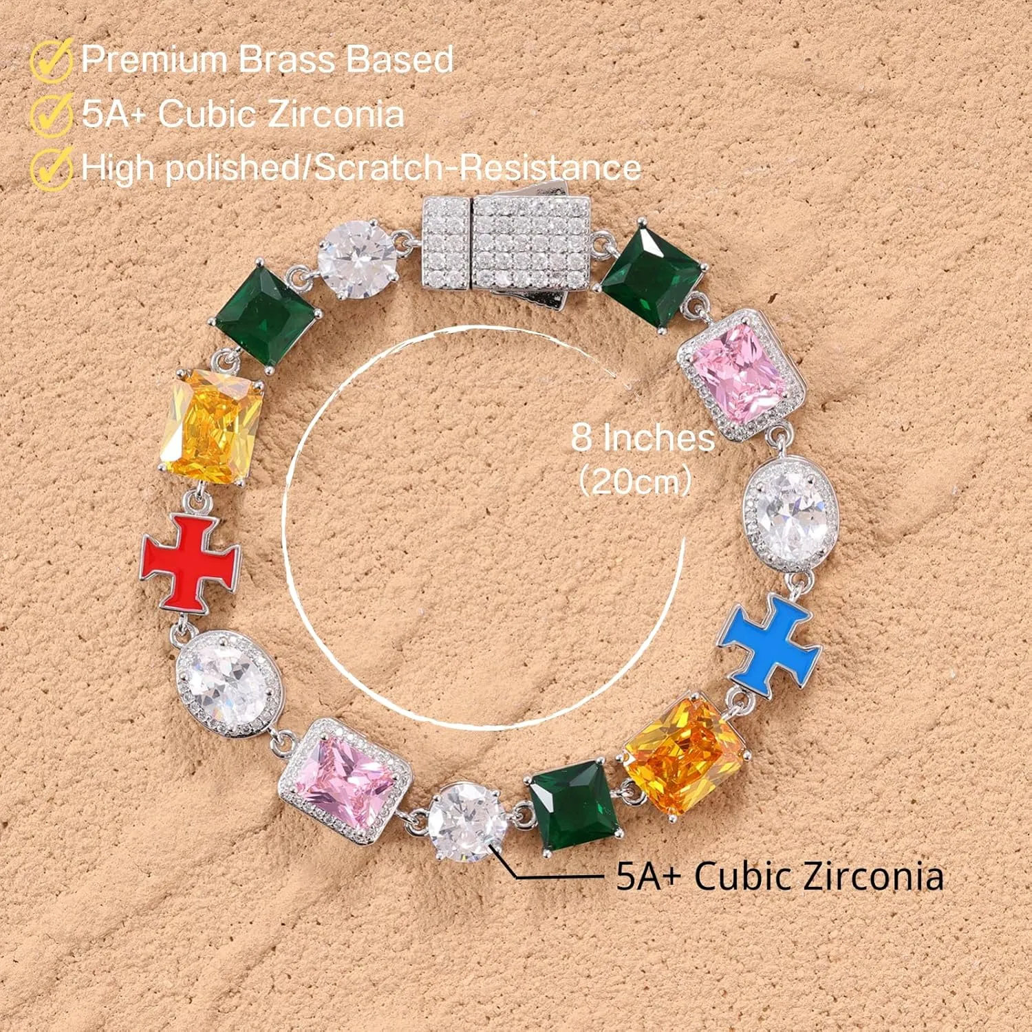 Lulu Mel Colorful Tennis Bracelet Diamond Chain, 10mm Tennis Diamond Colorful Cross CZ Stones Link Chain, Sparkly Rainbow Crystal 7-8 Inches Bracelet Fashion Jewelry Gift