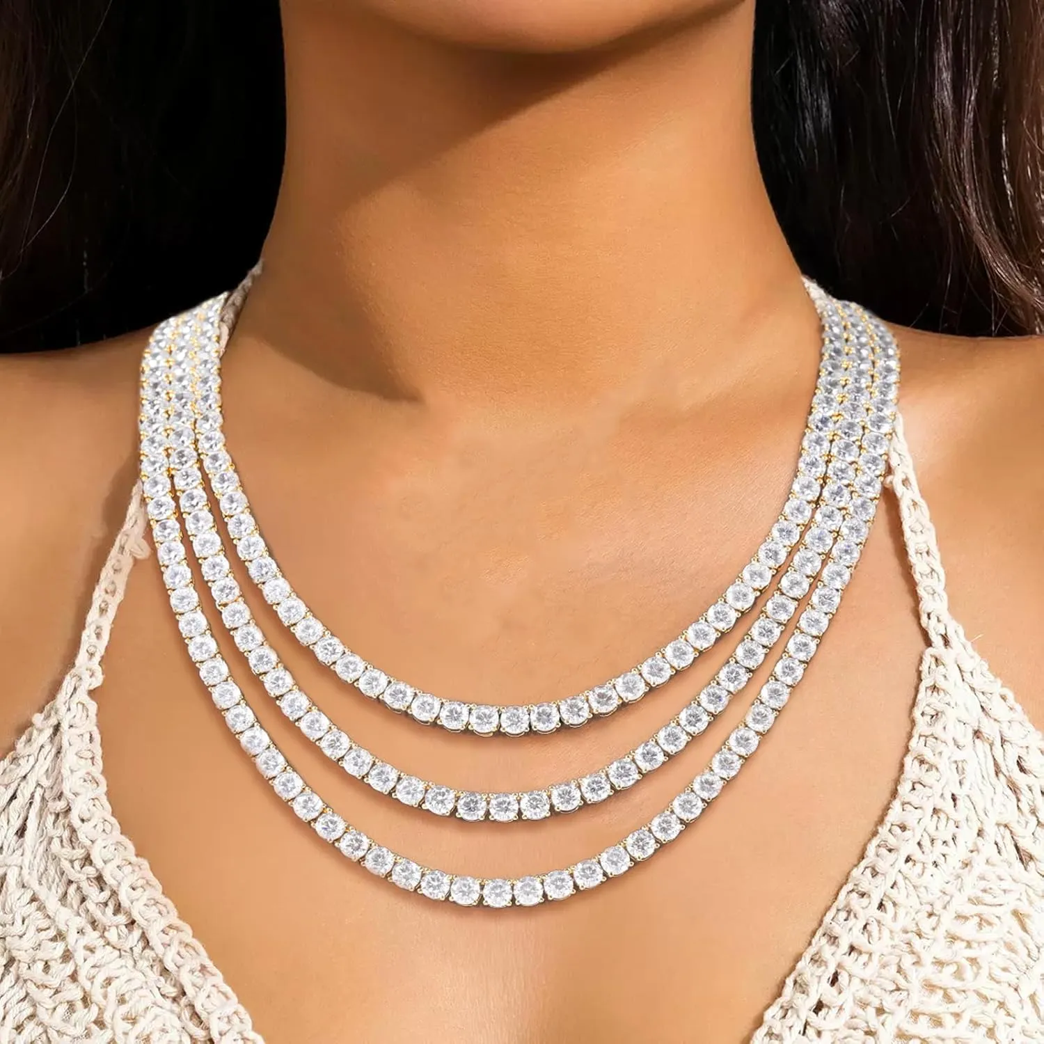 Lulu Mel Tennis Necklace for Women Men, 3/4/5mm Gold Plated Classic silver Tennis Chain Choker Necklace 16-24 Inches, Iced Out 5A Cubic Zirconia Stones Diamond Chain Lady Fashion Dainty Jewelry