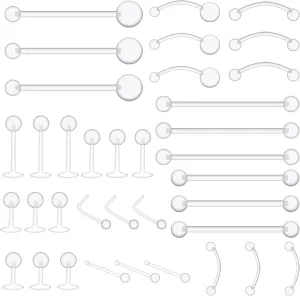 Lusofie Clear Piercing Retainer Plastic Jewelry Retainer, 36pcs Nipple Nose Barbells for Surgery Navel Belly Ring Lip Labret Eyebrow Tongue Cartilage Tragus Earrings Retainer