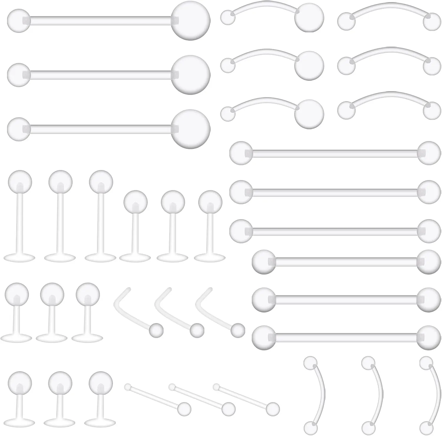 Lusofie Clear Piercing Retainer Plastic Jewelry Retainer, 36pcs Nipple Nose Barbells for Surgery Navel Belly Ring Lip Labret Eyebrow Tongue Cartilage Tragus Earrings Retainer