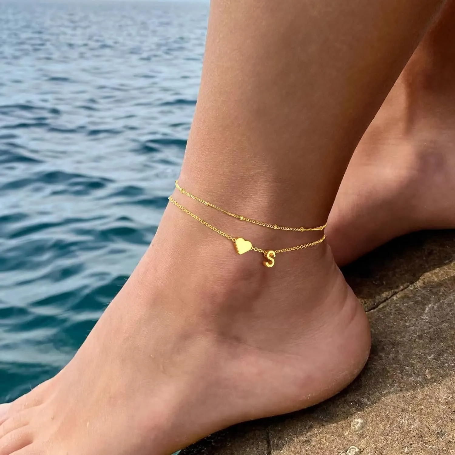 M MOOHAM Gold Initial Ankle Bracelets for Women - Layered Heart Letter A-Z Initial Dainty Gold Anklets for Women Waterproof, Womens Anklets Jewelry Birthday Gifts Jewelry