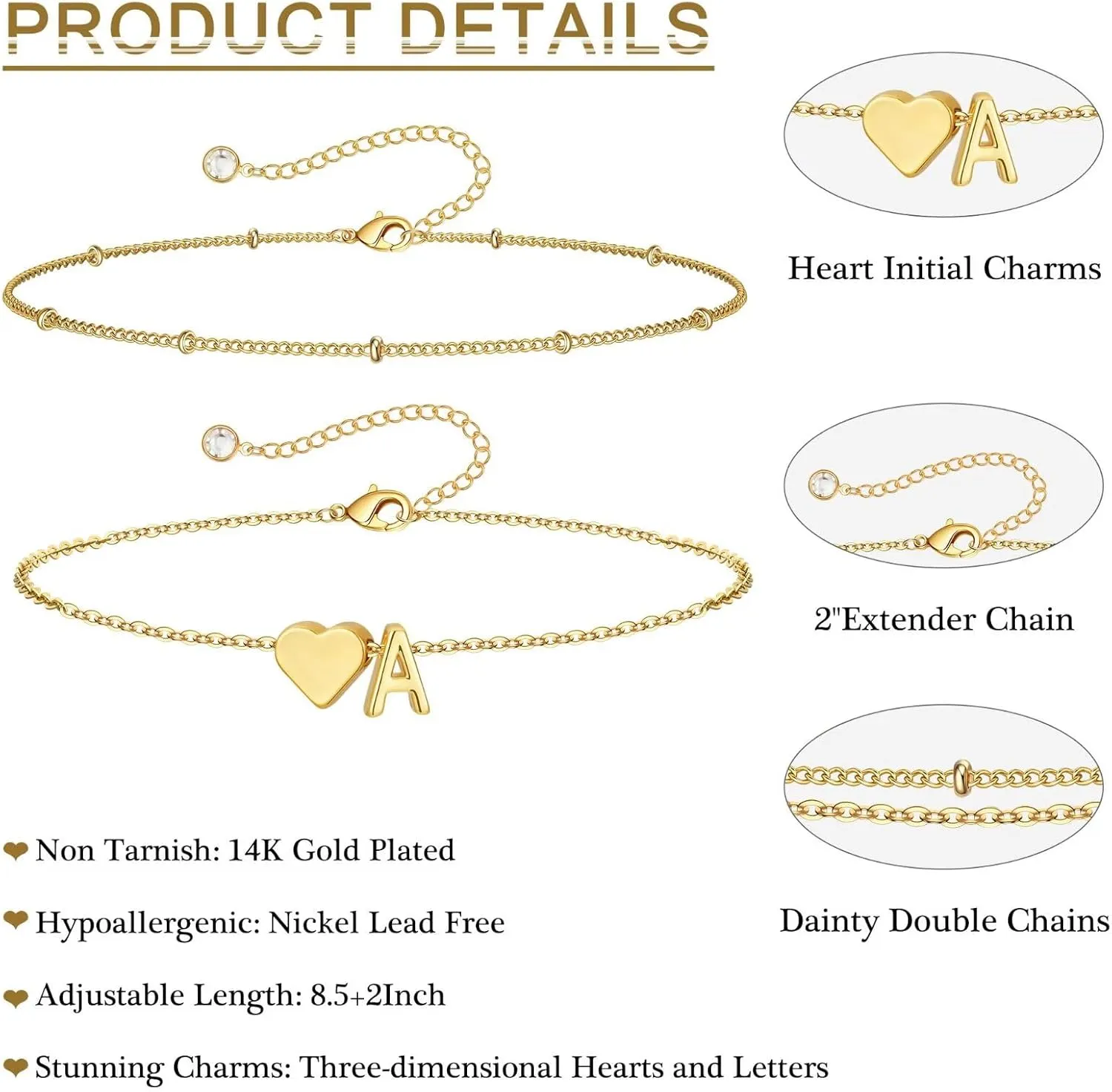 M MOOHAM Gold Initial Ankle Bracelets for Women - Layered Heart Letter A-Z Initial Dainty Gold Anklets for Women Waterproof, Womens Anklets Jewelry Birthday Gifts Jewelry