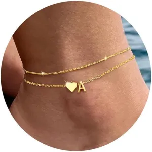 M MOOHAM Gold Initial Ankle Bracelets for Women - Layered Heart Letter A-Z Initial Dainty Gold Anklets for Women Waterproof, Womens Anklets Jewelry Birthday Gifts Jewelry