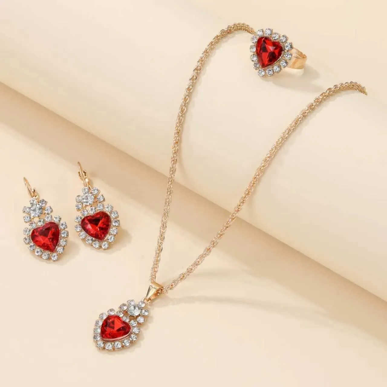 MALOYANVE 4PCS Crystal Heart Jewelry Set Glitter Gold Cubic Zirconia Love Heart Pendant Necklace Lightweight Hoop Earrings Bangle Bracelet Adjustable Open Ring Prom Wedding Jewelry for Women