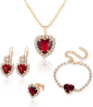 MALOYANVE 4PCS Crystal Heart Jewelry Set Glitter Gold Cubic Zirconia Love Heart Pendant Necklace Lightweight Hoop Earrings Bangle Bracelet Adjustable Open Ring Prom Wedding Jewelry for Women