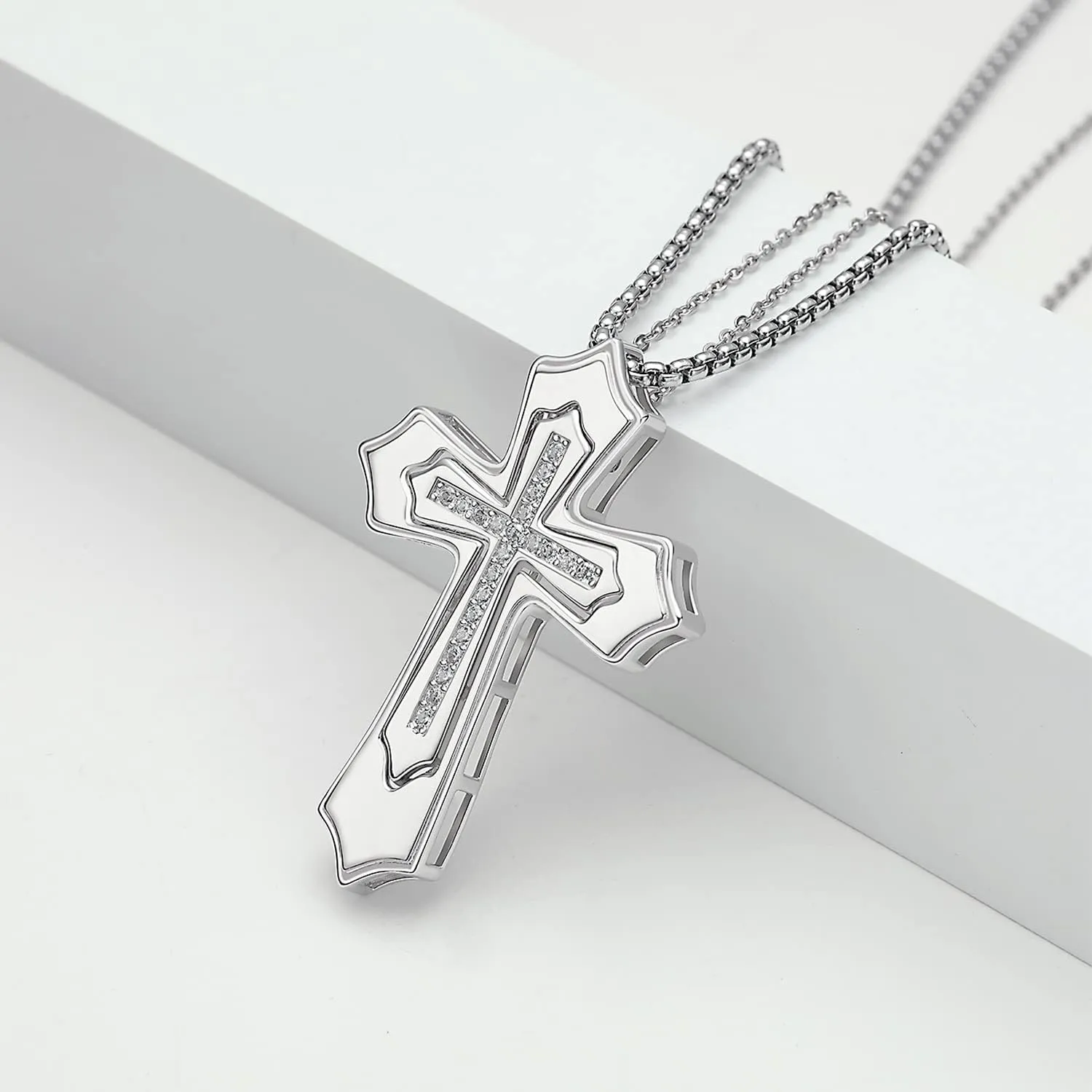 Matching Cross Necklace 925 Sterling Silver Silver/Black Cross Pendant Religious Jewelry Christian Baptism Gift for Men Women