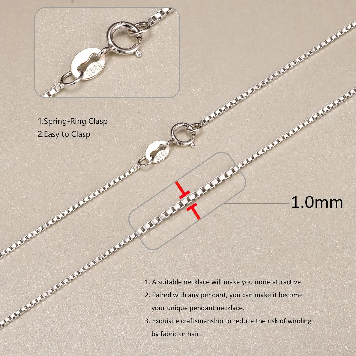 Matoa Solid 925 Sterling Silver Chain 1mm Italian Box Chain Necklace for Women, Thin & Strong Necklace Chain 16/18/20/22/24 Inch