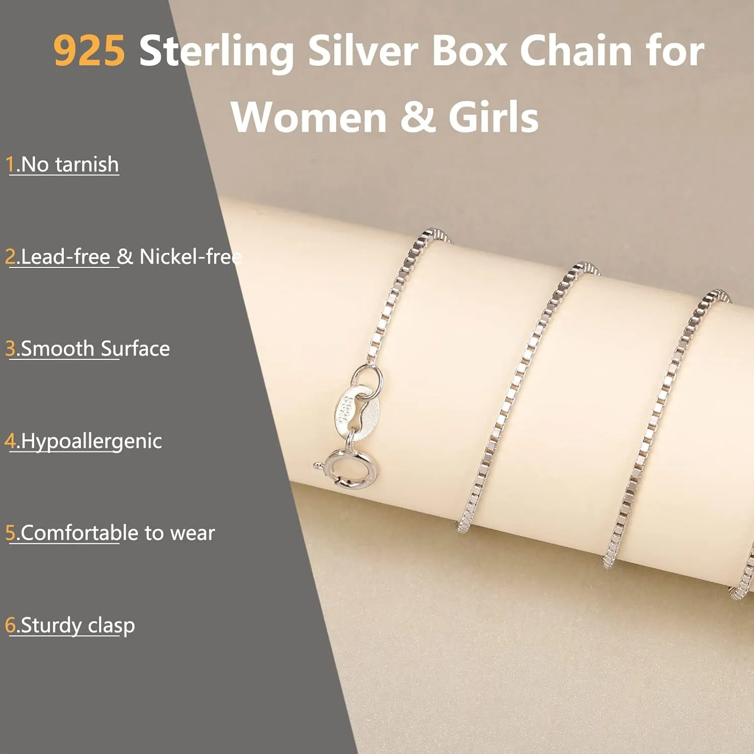Matoa Solid 925 Sterling Silver Chain 1mm Italian Box Chain Necklace for Women, Thin & Strong Necklace Chain 16/18/20/22/24 Inch