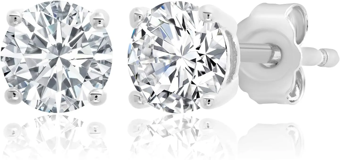MAX   STONE Plated Sterling Silver Cubic Zirconia Stud Earrings (Round & Princess)